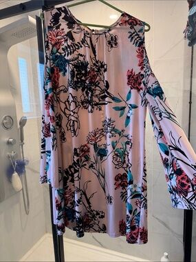 Beige by eci Pink Floral Cold-Shoulder Long Sleeve Dress